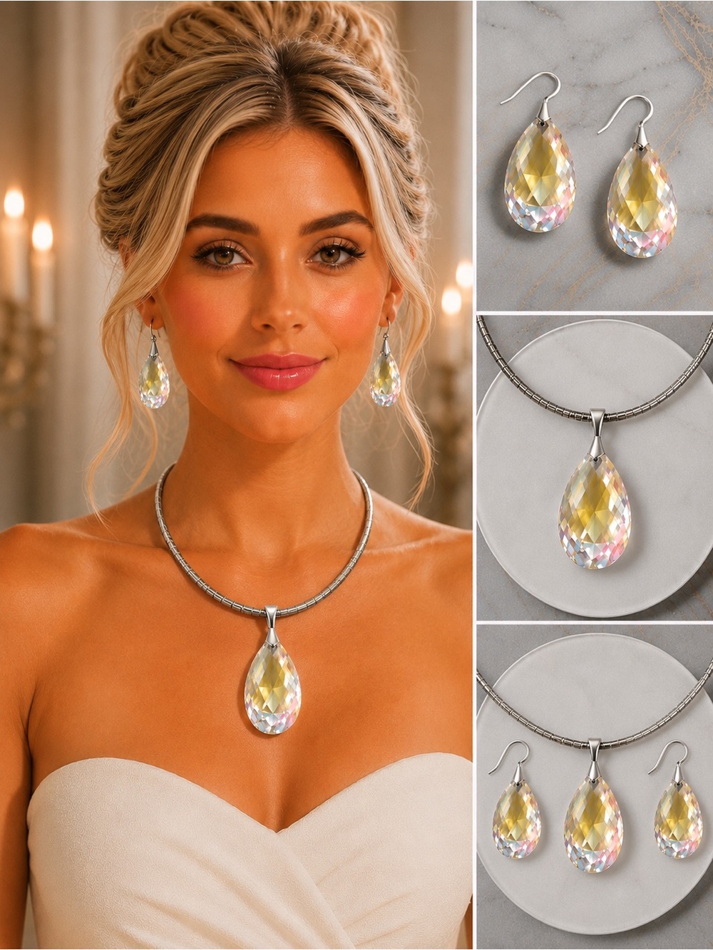 Aurora Borealis Vintage Large Crystal Bead Necklace and Earrings Set Silver
